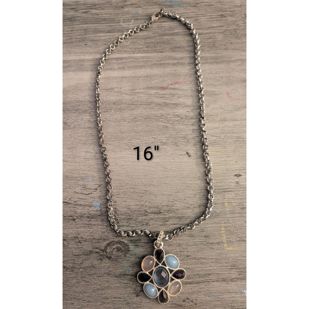 Silver Tone Multi Color Stone Flower Pendant Necklace 16 Inch Chain Boho Jewelry